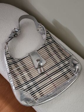 Burberry Silver Metallic Hobo Bag with Striped Weave